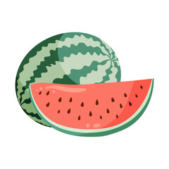 Watermelons composition with whole watermelon and a slice. Flat vector illustration. Tropical fruit drawing for food graphics, summer designs, menu, logo, stickers.