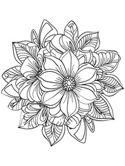 Coloring book page black and white thin line art, mandala flowers