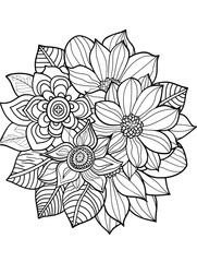 Coloring book page black and white thin line art, mandala flowers