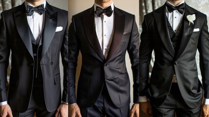 Three men dressed in formal black tuxedos, each with a distinct style of bow tie and pocket square, showcasing different formal wear accessories