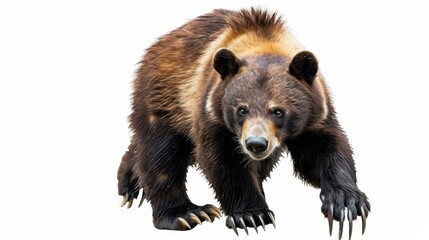 Obraz premium Brown bear with a prominent snout, dark brown fur, and lighter brown highlights on its back and neck. It's captured in a mid-stride position with its claws visible