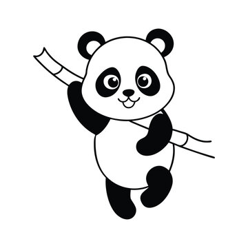 recommend clip art: Cute funny baby panda hanging on the bamboo line art vector
