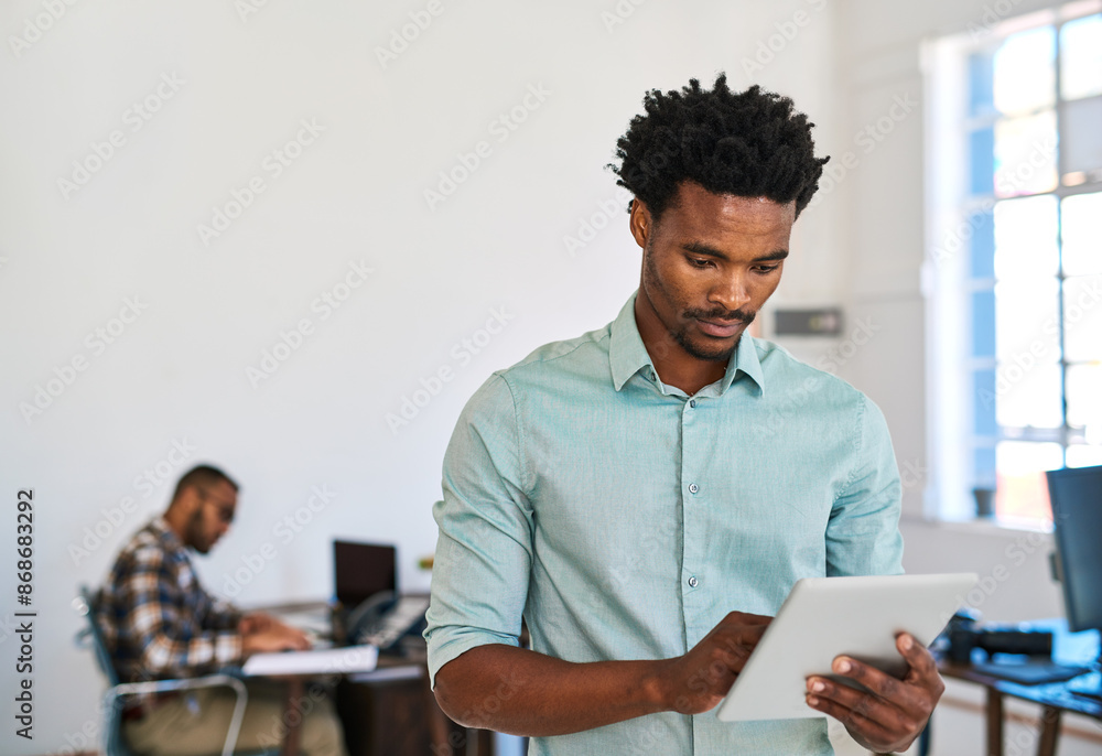 Poster tablet, typing and man in office, research and online to read brief of web design, project and cowor
