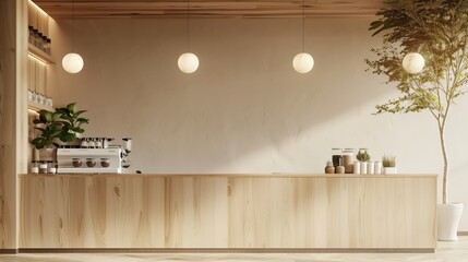 Modern cafe interior with empty wall wooden counter