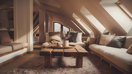 A warm and inviting photo of a modern, cozy living space. The room features a comfortable sofa, a plush rug, and a rustic wooden coffeetable. The walls are painted in soft, neutral tones.