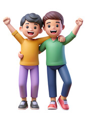 Fototapeta premium Two animated boys stand together, arms around each other, with big smiles on their faces. One boy raises his arm in the air