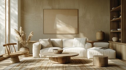 A chic living room decorated in shades of tan, with minimalist furnishings and a clean, uncluttered layout. The image provides plenty of space for adding text or graphics.