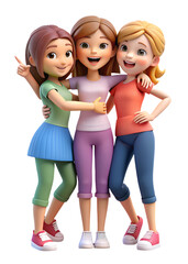 Fototapeta premium Three cartoon girls, one with brown hair, one with blonde hair, and one with red hair, are standing together and smiling. They are wearing casual clothing and are in a friendly pose