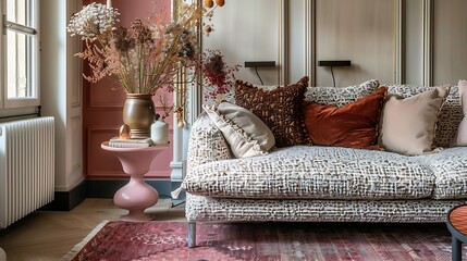 Elegant lounge decor in a luxurious home featuring a patterned sofa a pink side table cushions dried flowers