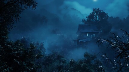 Fototapeta premium First nighttime view of a deserted ghost town via thick foliage and fog very detailed and realistic shape