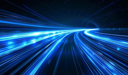 Minimalist Blue Light Trails on Dark Background. Technology and Speed Concept with Copy Space.