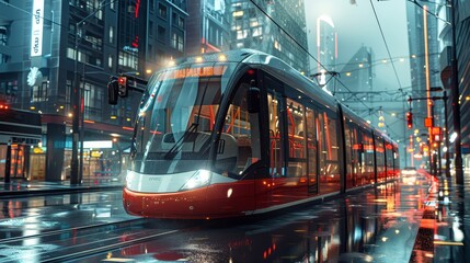 A modern trolleybus gliding through a busy city street, connected to overhead wires, with skyscrapers in the background