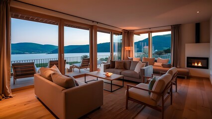 Naklejka premium Living room with wall of windows