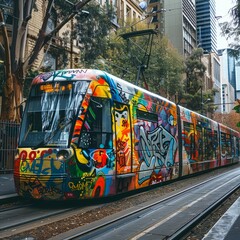 A tram in Melbourne, adorned with colorful graffiti art, showcasing the blend of culture and public transport