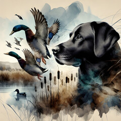 A black Labrador dog and several ducks are featured, blending into a natural wetland scene