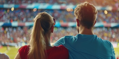 Sport enthusiasts, a young pair, watching a match together