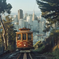 Obraz premium A vintage tram in San Francisco, climbing a steep hill with the city skyline in the background