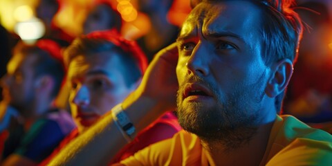 Fototapeta premium Enraged with the loss of the title, frustrated soccer supporters were watching their favorite football team lose. Disappointed with the outcome, dejected spectators watch sporting events