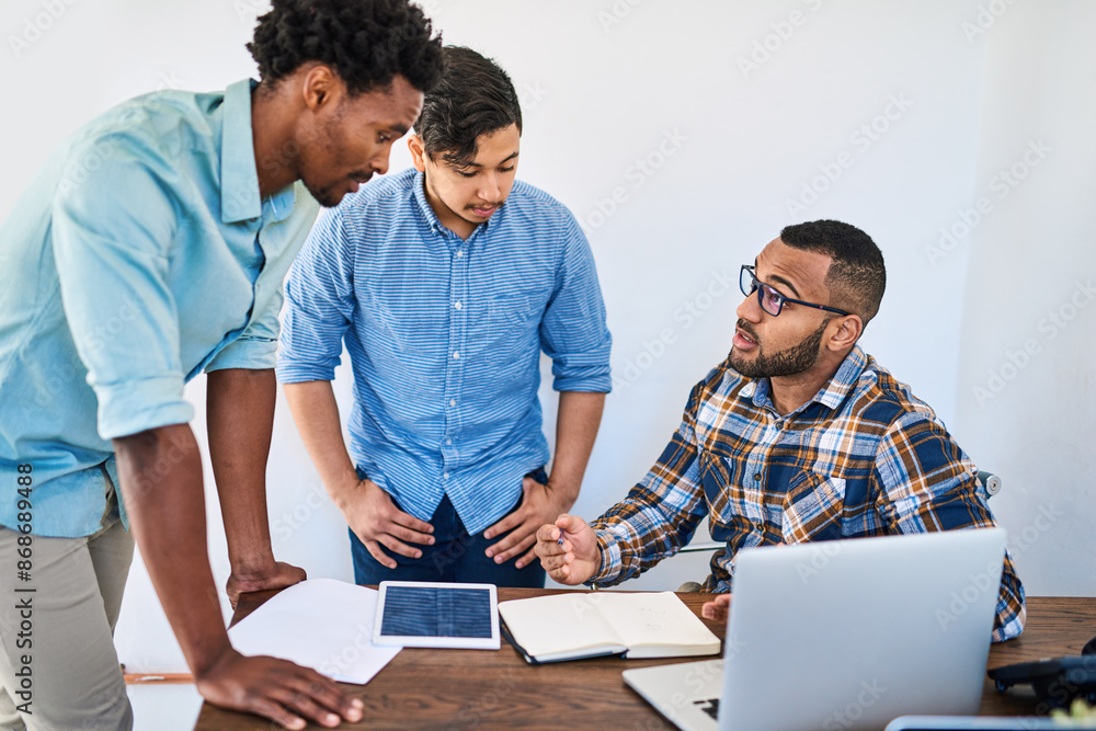 Poster Group, creative and people with laptop, conversation and web developer for coding and innovation. Online, reading and documents of software, discussion and advice for brief of project in business