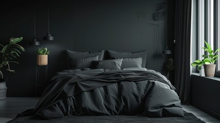 A cozy black bedroom with a minimalist design, featuring a comfortable bed and uncluttered decor. The photo offers plenty of copy space for adding text or graphics.