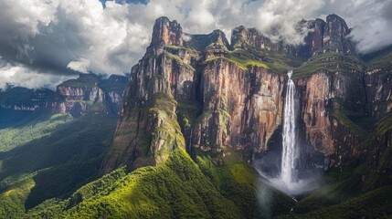 Breathtaking view of a mountain range with green valleys and a magnificent waterfall.