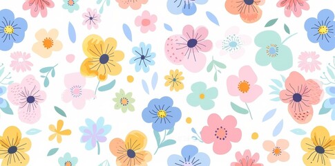 A trendy floral seamless pattern. A stylish vintage hippie flower background design from the 70s. Y2K nature backdrop with daisies. Colorful pastel colors with groovy artwork.