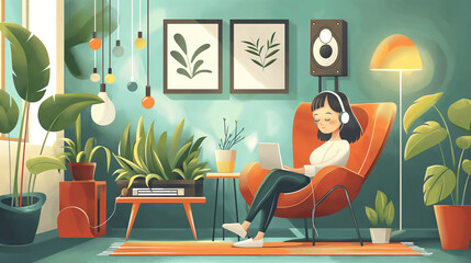 cartoon vector,an asian girl listen music by her headphone on her small and cozy condominium room with retro decorative