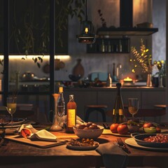 A table with a variety of food and drinks, including wine