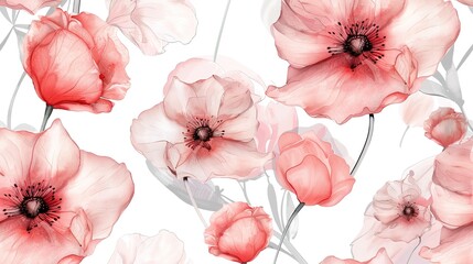 elegant flower line and watercolor floral seamless pattern 