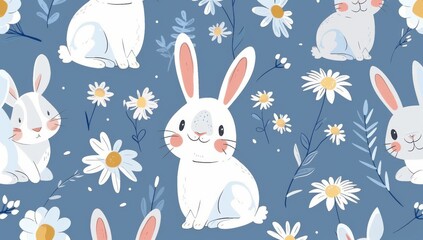 On a blue background, there are cartoon bunnies, a foot print, and a daisy flower.
