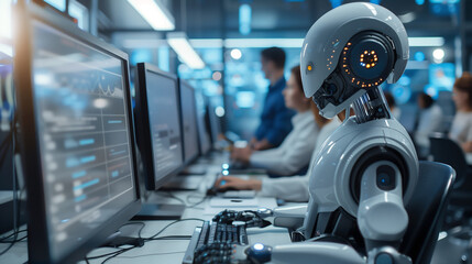 A futuristic office setting where a robot is working at a computer among human colleagues. The robot, designed with a sleek, humanoid appearance