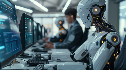 Fototapeta premium A futuristic office setting where a robot is working at a computer among human colleagues. The robot, designed with a sleek, humanoid appearance