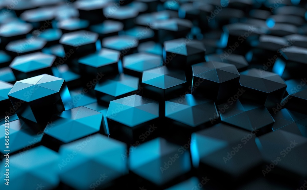 Poster the 3d rendering of a black and blue hexagonal background pattern