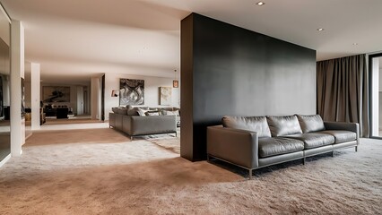 Modern living room interior, gray sofa on dark empty wall mockup, panorama. Modern living room interior, gray sofa on dark empty wall mockup