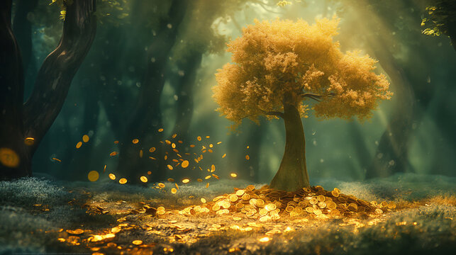 A gold money tree of good luck and Feng Shui, its branches adorned with shimmering golden coins, standing majestically in the middle of a lush green forest.