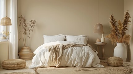 A serene bedroom decorated in soft gold tones, with minimalist furniture and decor creating a warm and inviting atmosphere. The image provides plenty of copy space for adding text or graphics.