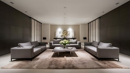 Modern living room interior, gray sofa on dark empty wall mockup, panorama. Modern living room interior, gray sofa on dark empty wall mockup