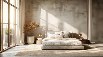 A modern bedroom with subtle gold accents, designed in a minimalist style with clean lines and uncluttered space. The image offers plenty of copy space for customization.