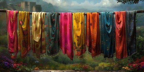 Colorful Bandhani Scarves in a Serene Rural Indian Setting