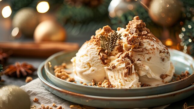 Indulge in a festive treat this Christmas: creamy speculoos ice cream topped with crunchy speculoos pieces, served on a plate.