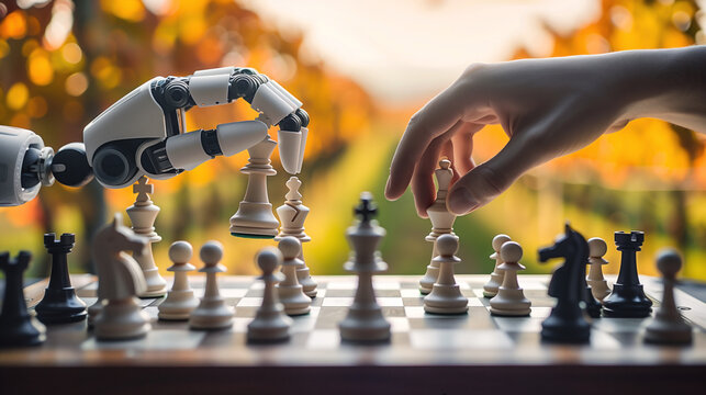 A robot playing chess with a human in a serene outdoor setting, with a grape farm garden blurred in the bokeh background
