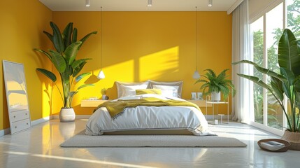 A modern bedroom with a subtle lemon color scheme, designed in a minimalist style with clean lines and uncluttered space. The image offers plenty of copy space for customization.