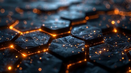 Dark 3D geometric texture illustration with golden light lines. Bright grid pattern wallpaper. Platinum elegant wedding BG.