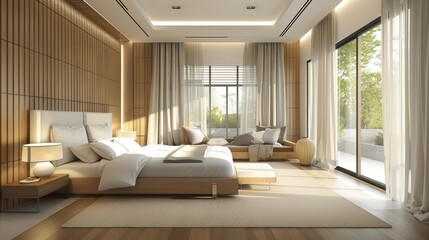 Fototapeta premium A modern bedroom with subtle Granny Apple accents, designed in a minimalist style with clean lines and uncluttered space. The image offers ample copy space for customization, perfect for projects