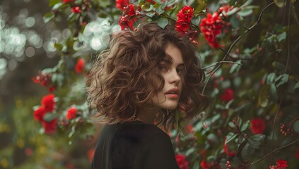 Naklejka premium Curly Hair Woman by Red Flowers in Nature