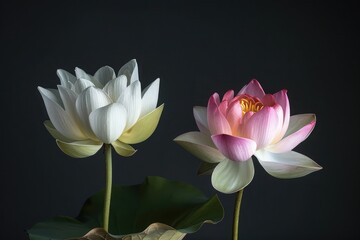 A lotus and a water lily side by side, blending the symbolic purity of the lotus with the floating grace of the water lily against a dark charcoal background.