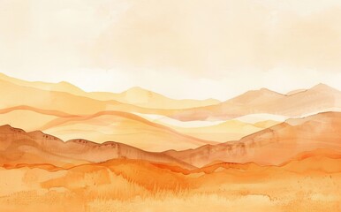 With horizons, mountains, sand, desert from horizon, abstract, textural, yellow, brown watercolor background with place for text