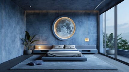 A minimalist bedroom inspired by the Moon Raker theme, featuring sleek, modern furniture and a color palette reminiscent of the night sky. The image offers plenty of copy space for customization.