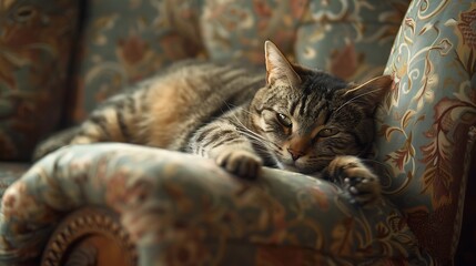 Fototapeta premium Gorgeous short hair cat resting up on a family bedroom chair very detailed and realistic shape