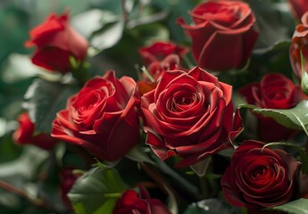 Close-up Red Rose Bouquet with Green Leaves